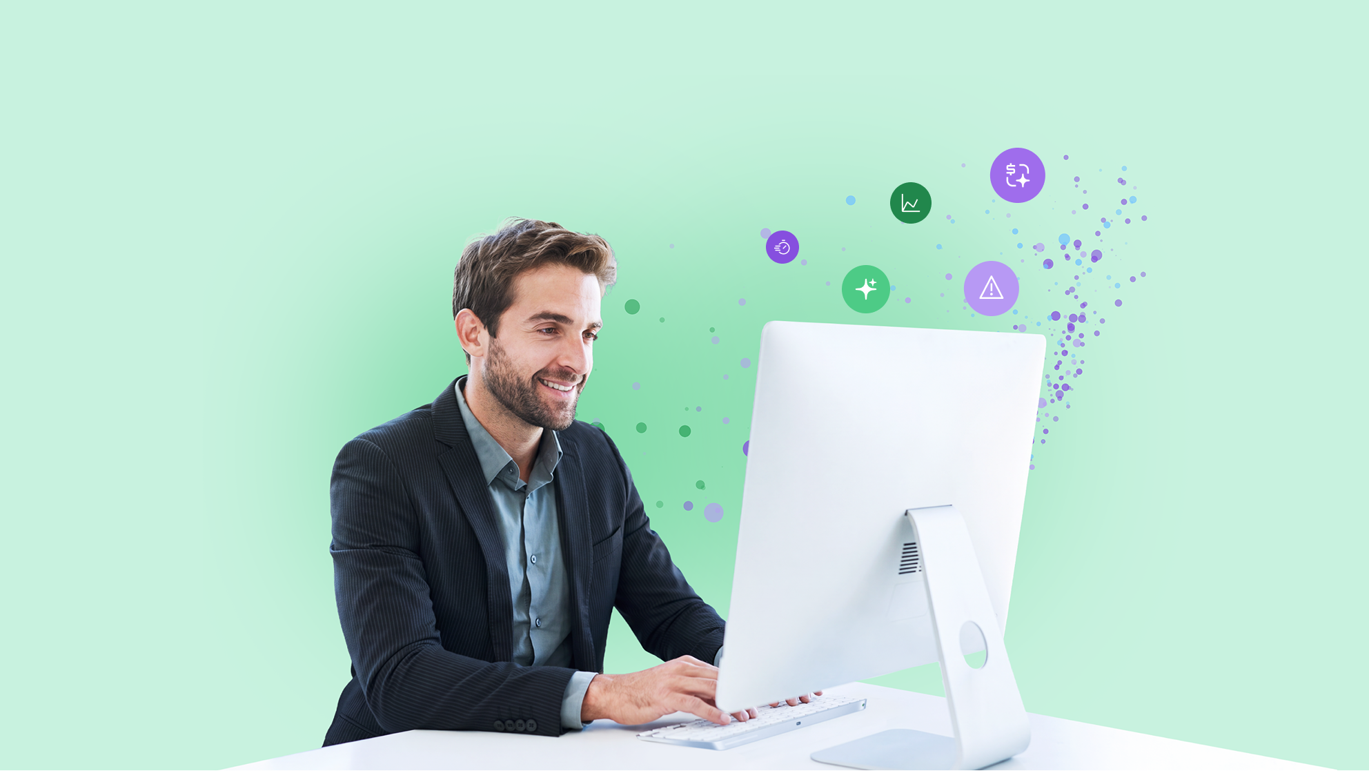 A smiling professional man sitting at a desk using a white desktop computer, with floating digital icons representing data, time, and alerts appearing above the monitor against a light green background.