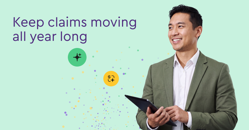 A smiling billing team leader holding an iPad beside the text "Keep claims moving all year long"