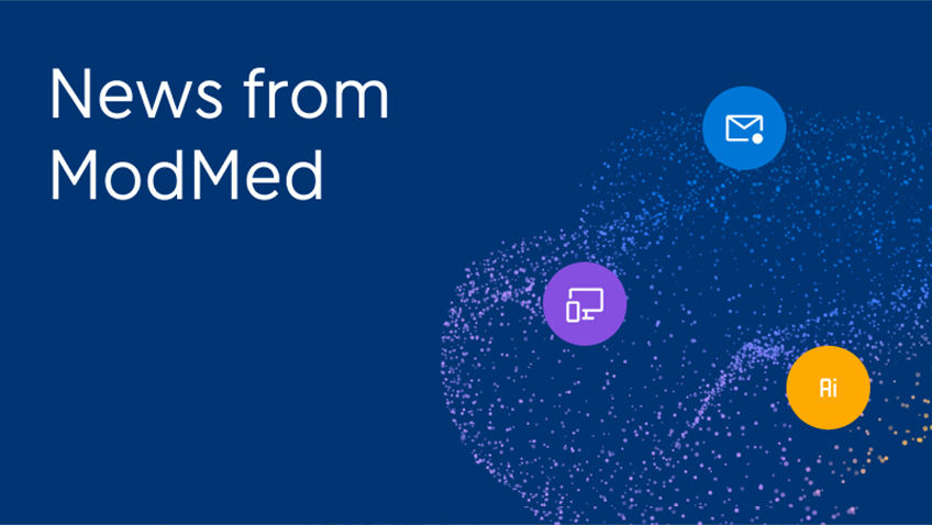 A digital graphic on a dark blue background with the white text "News from ModMed" on the left. On the right, a cloud of small, colorful dots contains three floating, circular icons: a blue circle with an email envelope icon, a purple circle with a monitor and keyboard icon, and an orange circle with the text "Ai"