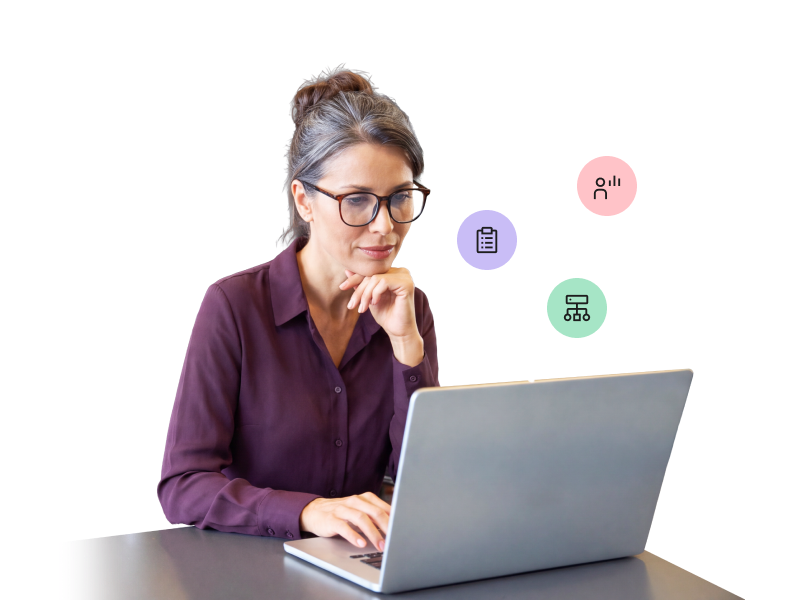 A woman with glasses looking thoughtfully at a laptop screen, with floating icons of a clipboard, a user profile, and a network structure above the computer.