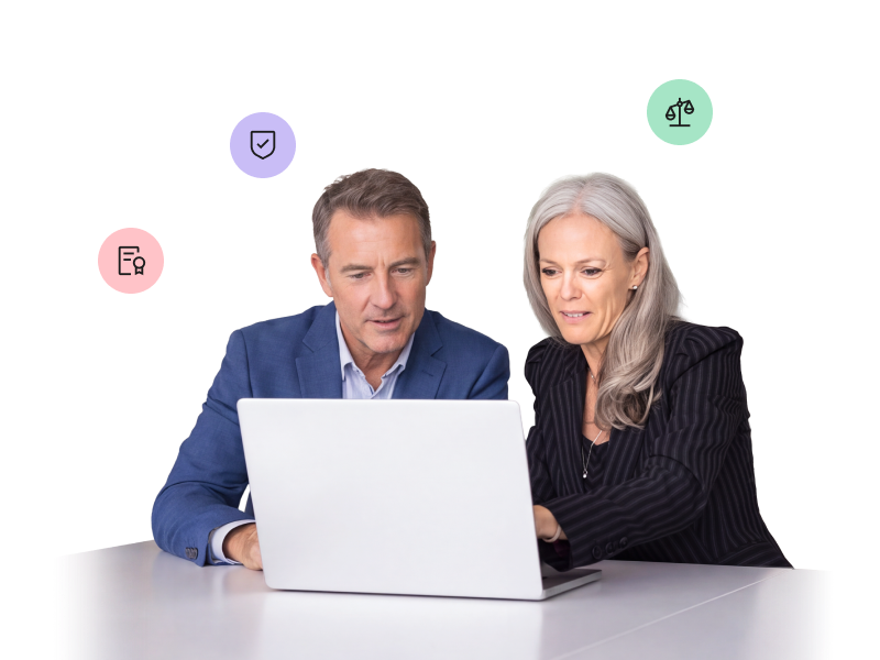 A man and a woman in professional attire looking at a laptop screen together, with floating icons of a certificate, a shield with a checkmark, and a scale of justice above them.