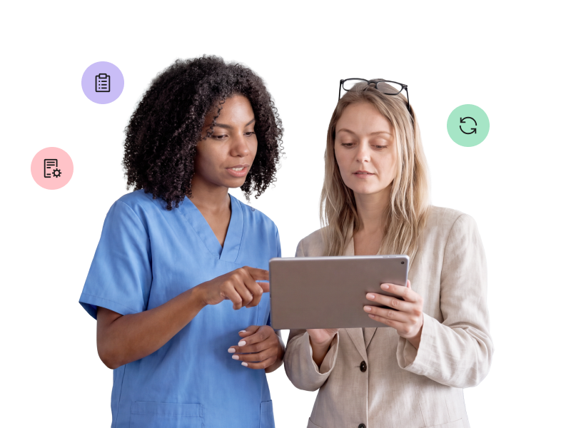 A healthcare worker in blue scrubs and a woman in a beige blazer collaborating over a tablet, surrounded by floating icons of a clipboard, a document with a gear, and a circular sync symbol.