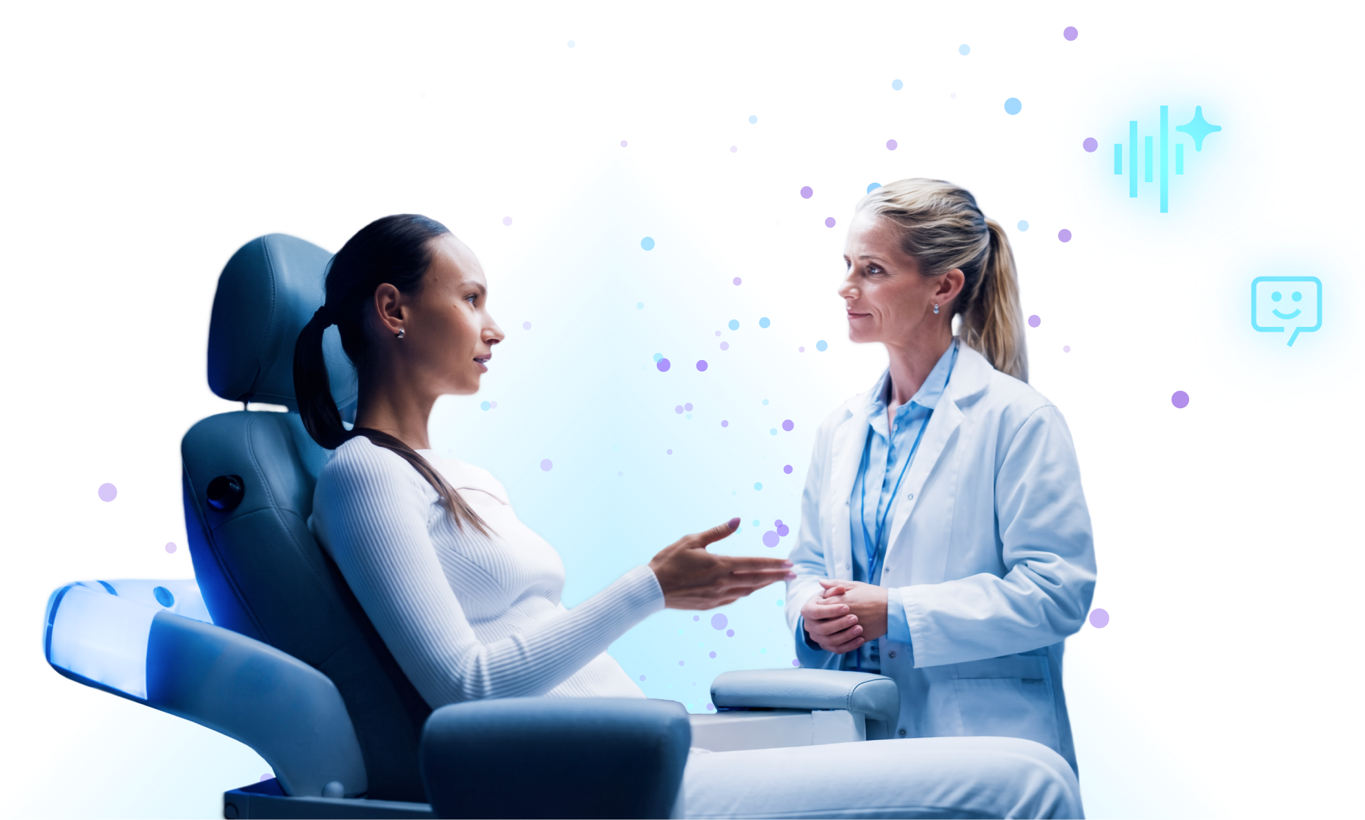 Un paciente sentado en una silla médica en consulta con una doctora, rodeado de iconos flotantes relacionados con la comunicación digital y la inteligencia artificial.