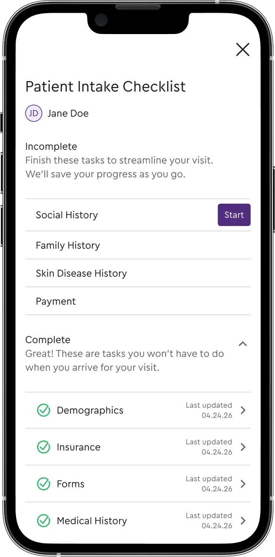 A mobile patient intake checklist showing four completed tasks and four remaining incomplete tasks, including Social History and Payment.