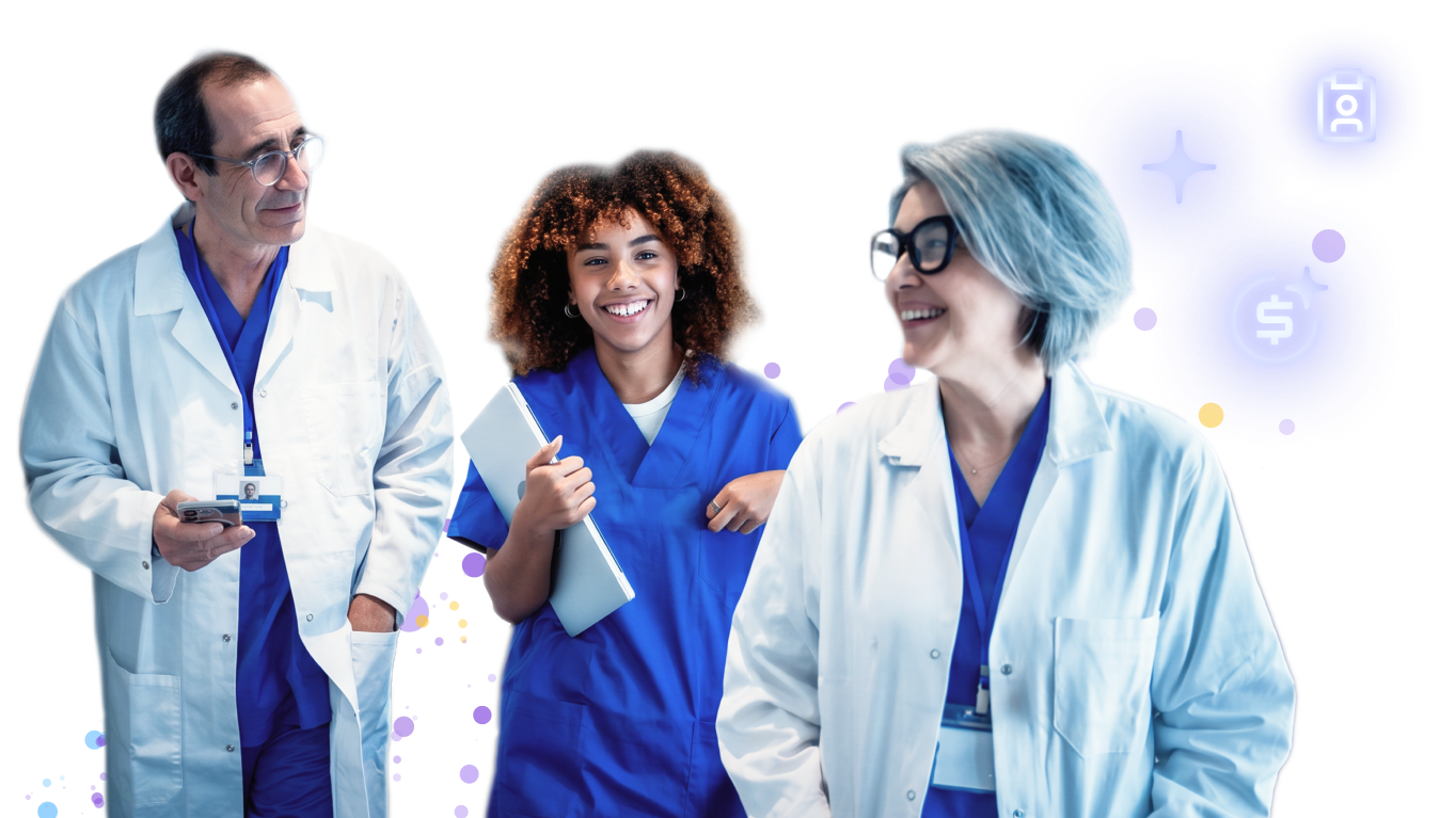 Tres profesionales sanitarios sonrientes, de pie juntos sobre un fondo oscuro con iconos digitales flotantes.