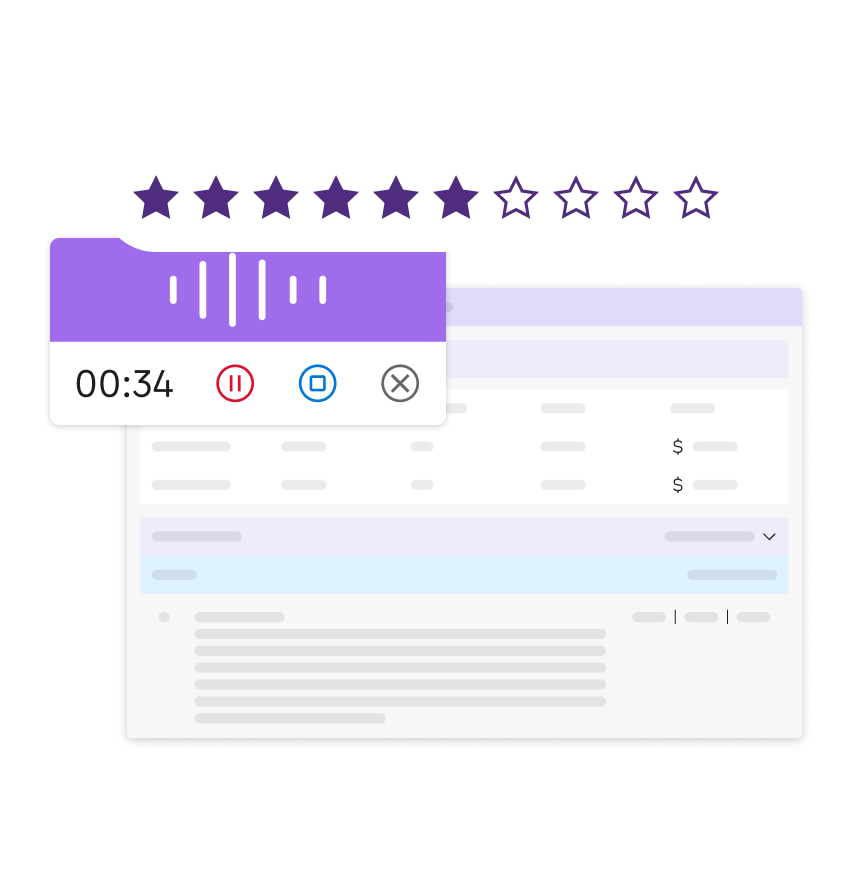 Widget de grabadora de audio que muestra un temporizador de 00:34 debajo de una fila con una valoración por estrellas y encima de la interfaz del panel de control del software