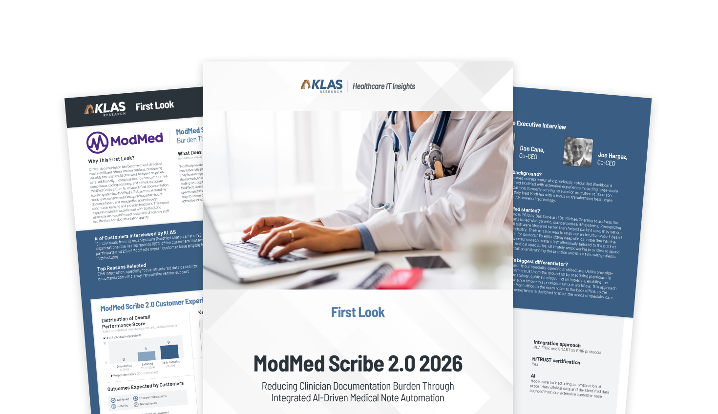 Portada del informe de KLAS Research sobre « Scribe 2.0 » de ModMed para 2026, relativo a la reducción de la carga administrativa de los profesionales sanitarios