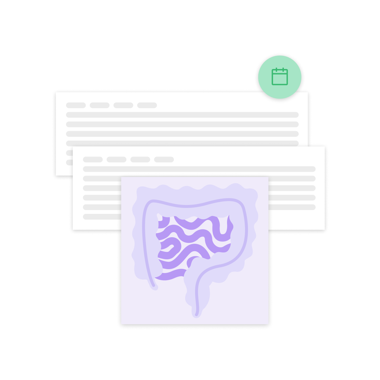 Ilustración de un gráfico de un colon superpuesto a los historiales de los pacientes y a un icono de calendario, que representa las visitas y los historiales quirúrgicos en una misma vista.