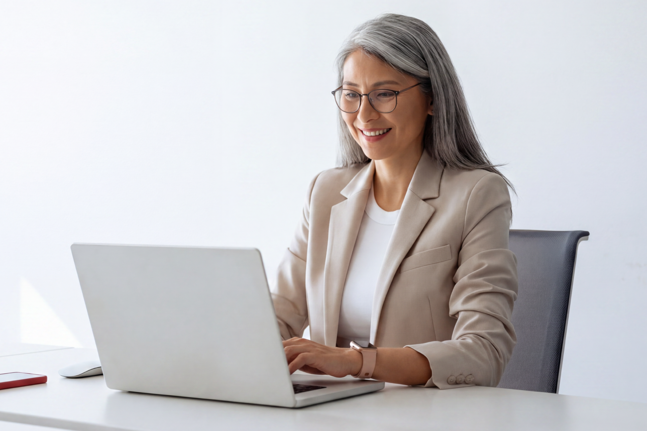 Un miembro del equipo de oficina, sonriente, trabajando con un ordenador portátil en un escritorio.