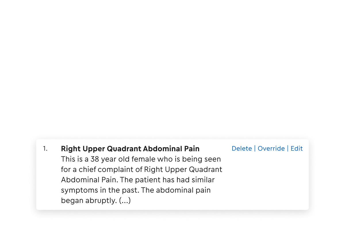Nota de la visita a la EMA con una sección de facturación y una entrada en el historial clínico (HPI) sobre dolor abdominal en el cuadrante superior derecho.