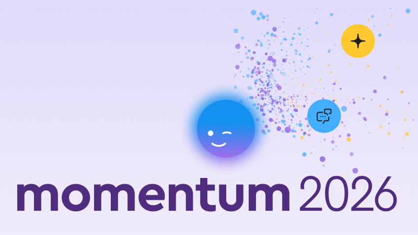 Imagen gráfica abstracta de una partícula con una cara que guiña el ojo, un bocadillo de chat y un icono de chispa encima del texto: «momentum 2026».